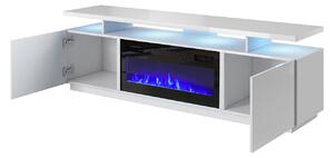 Televízny stolík s krbom a LED osvetlením SALTA - biely / lesklý biely / čierny