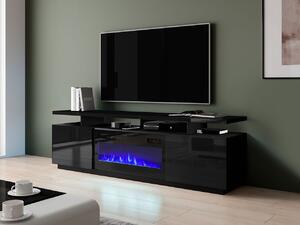Televízny stolík s krbom SALTA - lesklý čierny / čierny