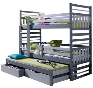 Detská poschodová posteľ s prístelkou 90x200 LOHRA - grafitová / šedá, ľavé prevedenie