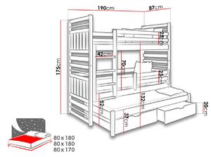 Detská poschodová posteľ s prístelkou 80x180 LOHRA - wenge / cappuccino, ľavé prevedenie