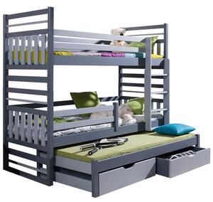 Detská poschodová posteľ s prístelkou 90x200 LOHRA - grafitová / šedá, pravé prevedenie