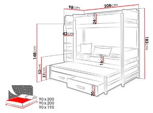 Detská poschodová posteľ pre troch 90x200 MEDEBACH - grafitová / šedá, pravé prevedenie