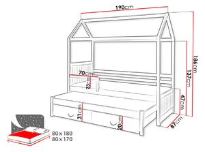 Detská posteľ domček so zábranou 80x180 KARBEN 2 - biela / šedá