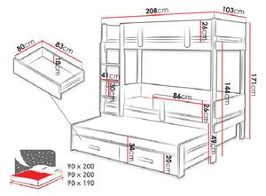 Detská poschodová posteľ so zábranou 90x200 HALVER 2 - biela / dub, ľavé prevedenie