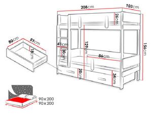 Detská poschodová posteľ so zábranou 90x200 HALVER 1 - šedá / biela, ľavé prevedenie