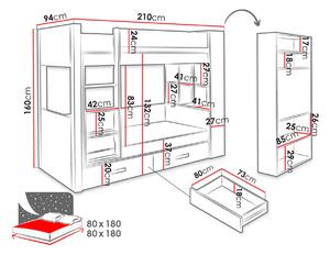 Detská poschodová posteľ so šuplíkmi 80x180 LEUN - biela / zebrano, pravé prevedenie