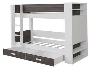 Detská poschodová posteľ so šuplíkmi 90x200 LEUN - biela / modrá, ľavé prevedenie