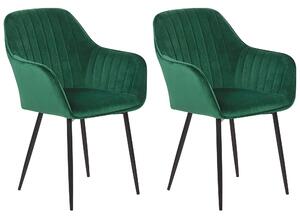 Sada 2 jedálenských stoličiek zelená zamatová opierky rúk čierne kovové nohy retro glamour
