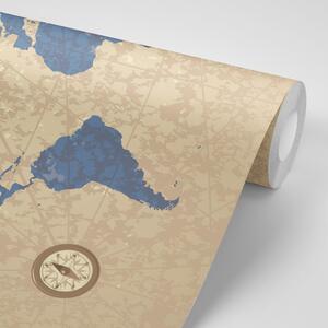 Tapeta mapa sveta s kompasom v retro štýle - 150x100