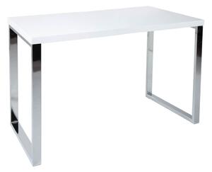Moderný písací stôl Linear s bielou lesklou doskou a hranatými kovovými nohami v striebornej chrómovej úprave 120 cm