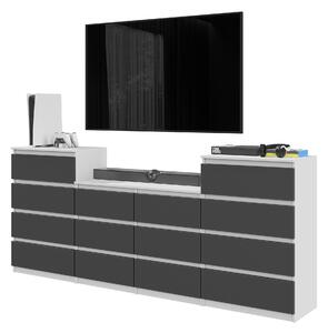 TV skrinka / komoda – 14 zásuviek, 220 cm – biela matná / antracitová – moderná séria nábytku do obývacej izby
