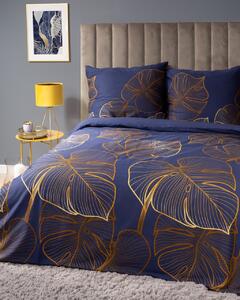 Posteľná bielizeň z bavlneného saténu s elegantným potiskom zlatých listov Modrá