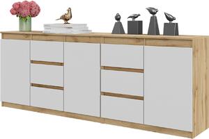 MIKEL - Komoda so 6 zásuvkami a 3 dvierkami - Komoda do spálne Úložná skriňa Príborník - dub Wotan / biely mat V75cm Š200cm D35cm