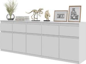 NOAH - Komoda s 5 zásuvkami a 5 dvierkami - Komoda do spálne Úložná skriňa Príborník - biely matný V75cm Š200cm H35cm