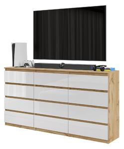Veľká TV skrinka / komoda GABRIEL s 12 zásuvkami – 180 cm – dub Wotan / biela vysoký lesk – moderná komoda do obývacej izby – sada