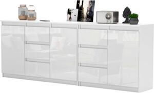 MIKEL - Komoda so 6 zásuvkami a 3 dvierkami - Komoda do spálne Úložná skriňa Príborník - biely matný / biely lesk V75cm Š200cm H35cm