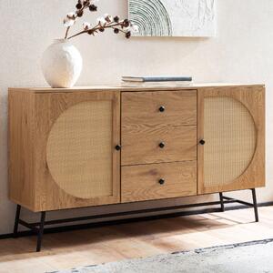 Príborník 140x80x40 cm komoda Imitácia dub s ratanovým výpletom moderná, vysoká komoda, stojaca skriňa s 2 dvierkami a 3 zásuvkami, príborník obývačka | Wohnling