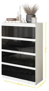 Vysoká komoda Gabriel 4 zásuvky - biely mat/čierny lesk 92 cm, moderná a praktická