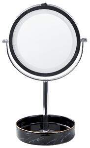 Kozmetické zrkadlo strieborná čierna železný kovový rám ø 20 cm keramický stojan s LED svetlom 1x/5x zväčšovacie sklo obojstranné