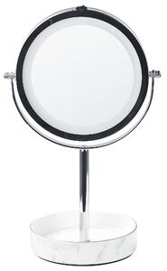 Kozmetické zrkadlo strieborná biela železný kovový rám ø 20 cm keramický stojan s LED svetlom 1x/5x zväčšovacie sklo obojstranné