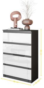 Vysoká Komoda So 4 Zásuvkami 92 Cm - Antracit / Biely Vysoký Lesk, Ideálna Do Obývačky A Spálne