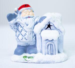 Vianočná keramická dekorácia Santa so svietiacim domčekom DUE ESSE / 13 cm / modrá