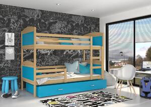 Detská poschodová posteľ so zásuvkou MATTEO - 160x80 cm - modrá / borovica