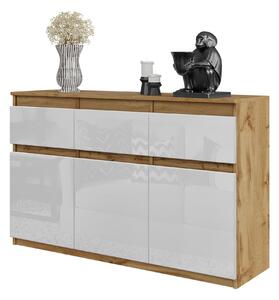 Komoda 120 cm, dub Wotan / biela lesklá, 3 zásuvky, 3 dvierka, 3 police, obývačka
