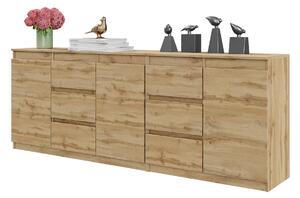 MIKEL - Komoda so 6 zásuvkami a 3 dvierkami - Komoda do spálne Úložná skriňa Príborník - dub Wotan V75cm Š200cm H35cm