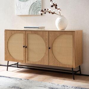 Príborník 140x80x39 cm komoda Imitácia dub s ratanovým výpletom moderná, vysoká komoda, stojanová skriňa s 3 dverami, príborník obývačka | Wohnling