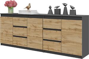 MIKEL - Komoda so 6 zásuvkami a 3 dvierkami - Komoda do spálne Úložná skriňa Príborník - antracit / dub Wotan V75cm Š200cm H35cm