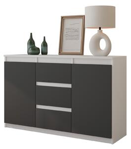 Komoda 120 cm, biela matná / antracitová, 3 zásuvky, 2 dvierka, 2 police, obývačka