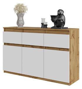 KOMODA 120 CM DUB WOTAN / Biela matná 3 zásuvky, 3 dvierka, 3 police Obývačka
