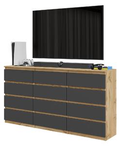 Veľká TV skrinka / komoda GABRIEL s 12 zásuvkami – 180 cm – dub Wotan / antracit – moderná komoda do obývacej izby – sada