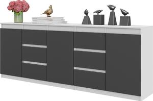 MIKEL - Komoda so 6 zásuvkami a 3 dvierkami - komoda do spálne - biela matná / antracitovo sivá V75cm Š200cm H35cm