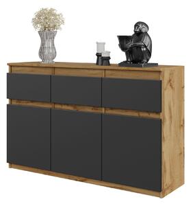 NOAH - Komoda s 3 zásuvkami a 3 dvierkami - dub Wotan / antracit - výška 75 cm, šírka 120 cm, hĺbka 35 cm
