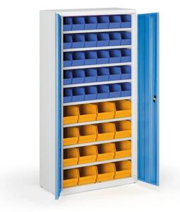 Skriňa s plastovými boxami BASIC - 1800 x 400 x 920 mm, 30xB/16xC, sivá/modré dvere