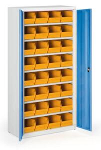 Skriňa s plastovými boxami BASIC - 1800 x 400 x 920 mm, 32xC, sivá / modré dvere