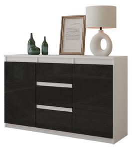 FURNICA - MIKEL - Komoda s 3 zásuvkami a 2 dvierkami - biela matná / čierna lesklá V75cm Š120cm H35cm