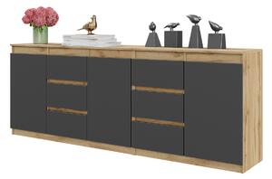 MIKEL - Komoda so 6 zásuvkami a 3 dvierkami - Komoda do spálne Úložná skriňa Príborník - dub Wotan / antracit V75cm Š200cm D35cm
