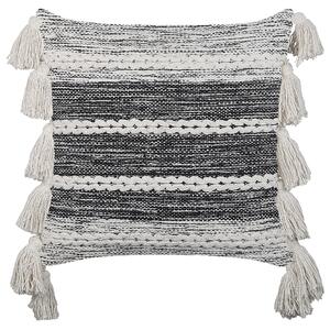 Dekoratívny vankúš čierna sivá bavlna 45 x 45 cm pásikavý vzor so strapcami boho moderný štýl doplnky
