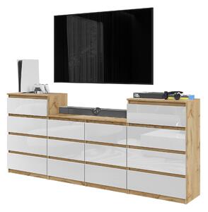 TV skrinka / komoda – 14 zásuviek, 220 cm – Wotan dub / biela lesklá – moderná séria nábytku do obývacej izby