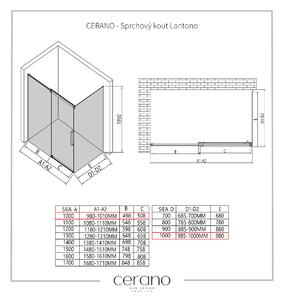 CERANO - Sprchovací kút Lantono L/P - čierna matná, transparentné sklo - 100x100 cm - posuvný