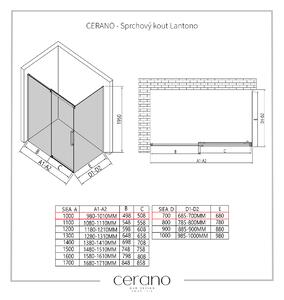CERANO - Sprchovací kút Lantono L/P - čierna matná, transparentné sklo - 100x70 cm - posuvný