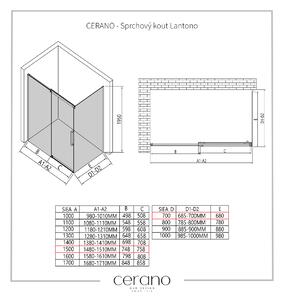 CERANO - Sprchovací kút Lantono L/P - čierna matná, transparentné sklo - 150x70 cm - posuvný