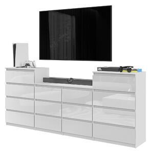 KOMODA, 220 cm, biela matná / biela lesklá, 14 zásuviek, sada troch komód, obývacia izba