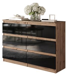 Komoda Gabriel 6 zásuviek - dub Wotan / čierny vysoký lesk 100 cm, elegantná a funkčná