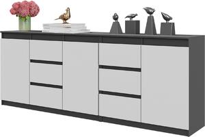 MIKEL - Súprava komody so 6 zásuvkami a 3 dvierkami - Komoda do spálne - úložná skriňa príborník - antracit / biela matná V75cm Š200cm D35cm