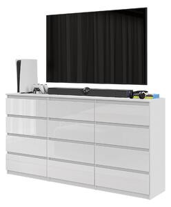 Veľká TV skrinka / komoda GABRIEL s 12 zásuvkami – 180 cm – biela matná / biela lesklá – moderná komoda do obývacej izby – sada