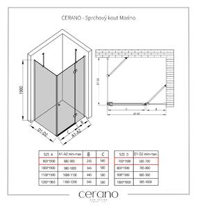 CERANO - Sprchovací kút Marino L/P - čierna matná, transparentné sklo - 90x70 cm - krídlový